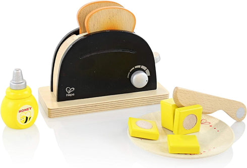 Set| Playset 3 Hape Wooden Black Pop up Toaster Pretend Play Kitchen with Toast, Butter and Honey for Preschoolers Ages