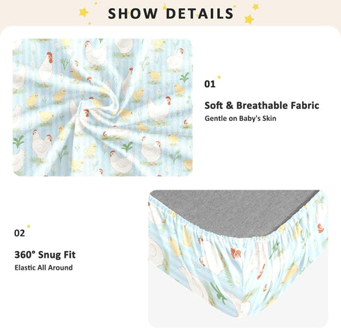 miaozhen 1 Pack 52x28 Cotton Baby Crib Sheets for Boys Girls Soft Chicky Animal Rustic Farm Pattern Boy Girl Crib Sheet