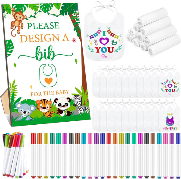 50 DIY Baby Bibs Set, Includes 25 White Feeder Bibs and 24 Fabric Markers for Baby Shower Game