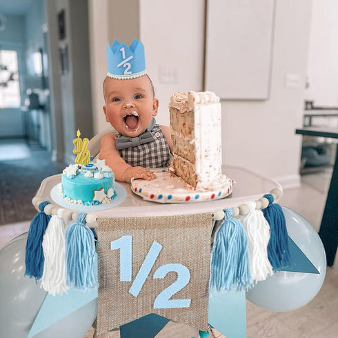 1/2 6 Birthday Boy Half Birthday Decorations High Chair Banner, Month Girl Tassel Wood Bead Highchair Garland Blue