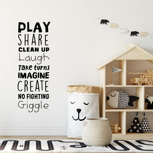 Vinyl Art Wall Decal - Play Share Clean Up Laugh Imagine, 45.5" x 16.5" - Cute Modern Kids Room Decor