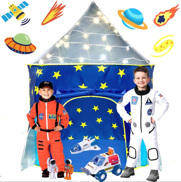 LimitlessFunN Rocket Ship Pop Up Kids Play Tent - Indoor Castle Playhouse with Star Lights & Carrying Case