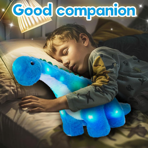 Houwsbaby 14” Blue Light Up Dinosaur Stuffed Animal, LED Glowing Diplodocus Plush Toy Night Light for Kids