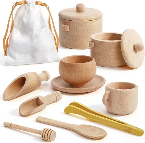 Hiceeden Set of 11 Wooden Sensory Bin Tools for Kids, Sensory Scoops