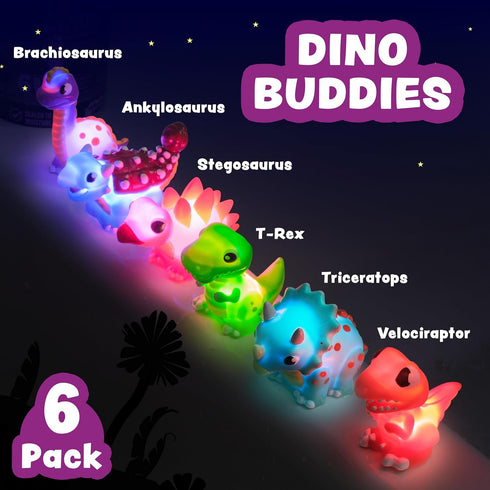 6 Pack Tub Works Dinos Dinosaur Light Up Bath Toys, | Water-Activated Light Up Toys Flash & Change Color | Easy-Grip