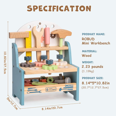 Set 3 4 5 ROBUD Mini Wooden Play Tool Workbench for Kids Toddlers - Montessori Toys for Years Old Boys Girls