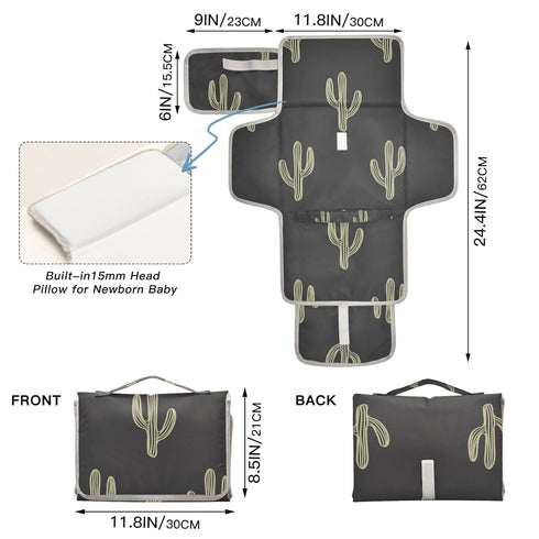 WELLDAY Black Cactus Portable Diaper Changing Pad - Waterproof Foldable Baby Diaper Changing Pad with Built-in Pillow