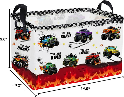 Essme Rectangular Kids Baskets,Monster Truck Storage Box,Cute Basket for Kids with Handles for Room Decor, Book