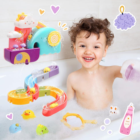 CUTE STONE Baby Bath Toys, No Hole Floating Squirting Bathtub Toy W/ Water Slide Building Track, Duck Fishing Net Game
