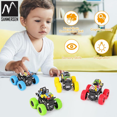 M SANMERSEN Monster Trucks for Boys, 4 Pack Push and Go Friction Powered Cars, 360° Rotating Stunt Car Gifts