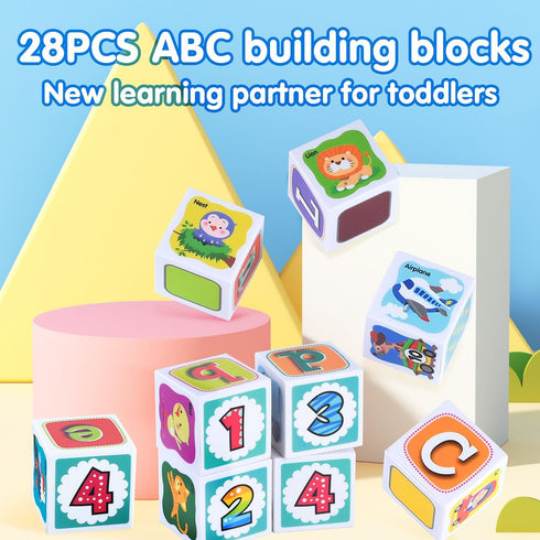 PLAY ABC Building Blocks for Toddlers 1-3, 28 PCS Plastic Baby Alphabet Letters Number Stacking Blocks Set