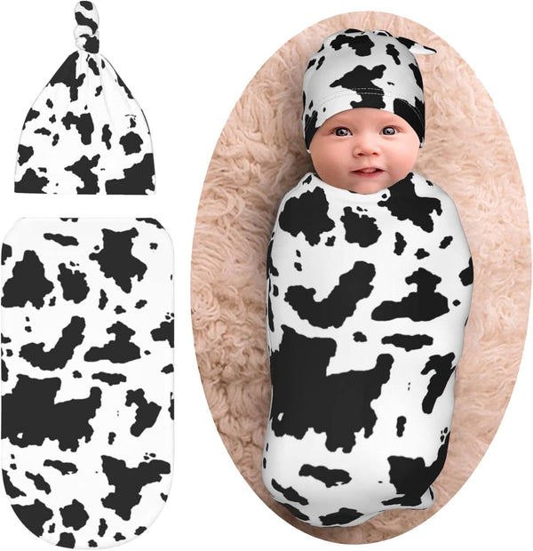 Cow Print Newborn Swaddle Blanket with Hat Set, Soft Transition Sleep Sacks, Gifts for Infant Boys & Girls