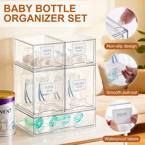 Rolheit 5 Pack Countertop, Baby Bottle Organizer - Stackable Clear Drawers with Labels, Baby Storage Solution Container
