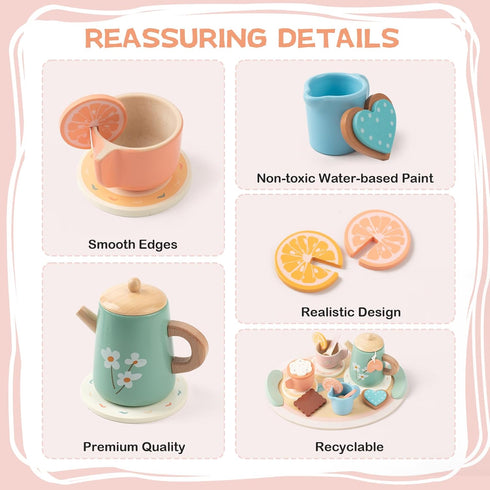 Set Set 3 4 5 Tea Party for Little Girls, Wooden Kids Tea with Teapot Cups Coasters Carrying Dessert, Picnic Outdoor