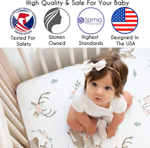 Sweet Jojo Designs Blush Pink, Mint Green and White Boho Baby or Toddler Fitted Crib Sheet for Woodland Deer Floral