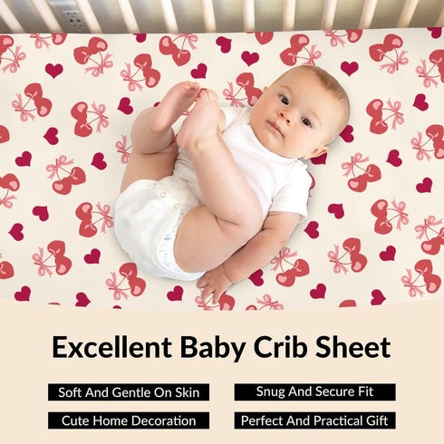 Cstdyfrv 52''x28'' Valentine's Day Cherry Baby Boys Girls Crib Sheets Pink Cherry Bows Love Heart Toddler Bed Sheets
