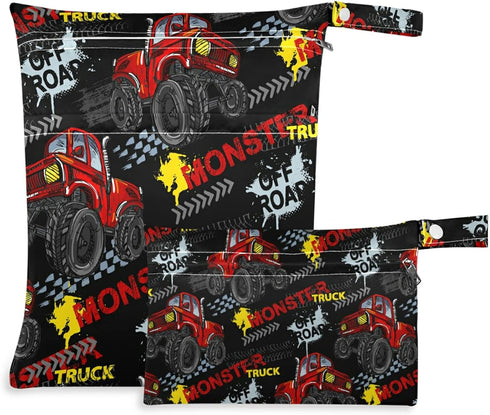 visesunny Cool Monster Truck 2Pcs Wet Bag with Zippered Pockets Washable Reusable Roomy