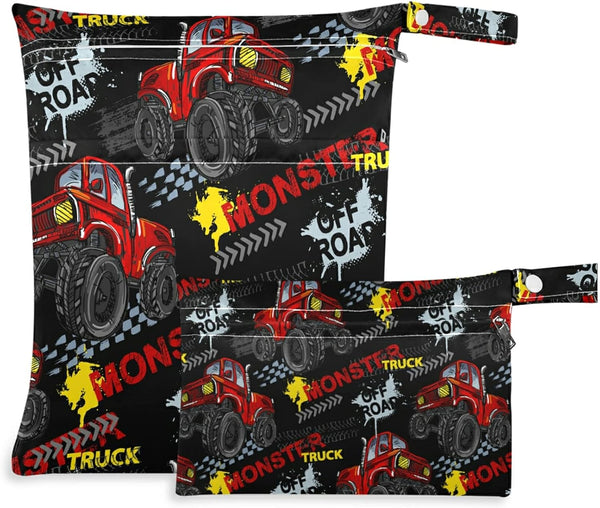 visesunny Cool Monster Truck 2Pcs Wet Bag with Zippered Pockets Washable Reusable Roomy