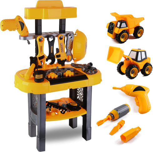 Toddler Workbench and Tool Set with 2 Take Apart Trucks, 2 in 1 Construction Toy for Ages 2-5
