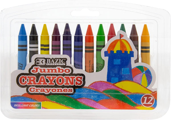 BAZIC Crayons Jumbo 12 Color, Assorted Color Coloring Crayon Set, Non Toxic