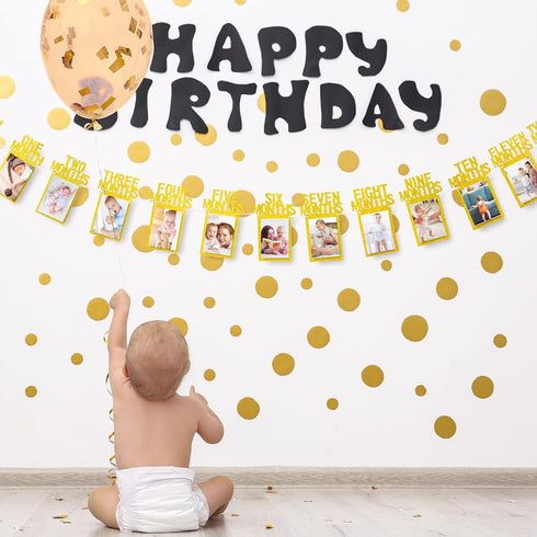 Whaline 1st Birthday Baby Photo Banner, Monthly Milestone Photograph Bunting Garland for First Birthday Celebration