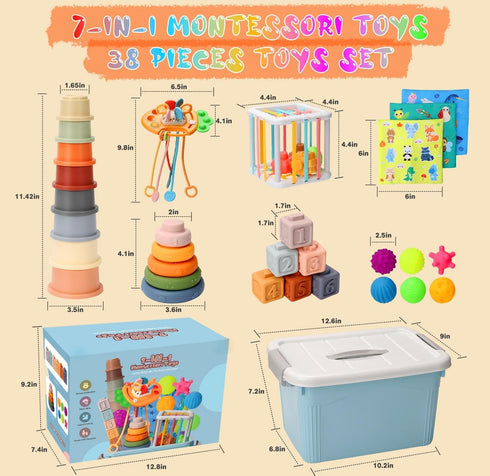 6 to12 7 in-1 6-9-12-18 1-3Gift Baby Toys Months, Montessori Toy for Month Old with Pull String Toy, Sensory Bin Toys