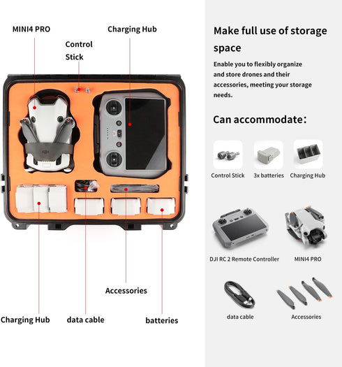 Mini 4 Pro/Mini 4 Waterproof Drone Carrying Case for DJI Mini4 Pro/Mini4 Fly More Combo, Hard Black Case Only