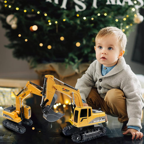 Remote Control Excavator Toy - RC Construction Metal Shovel Digger with Lights Sounds, 360 Rotation for Ages 3-10