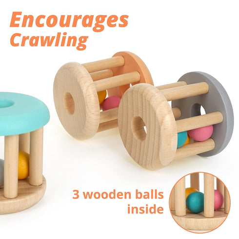 DUCKBOXX XX Montessori Infant Toys - Natural Wood Rolling Rattle Toy for Babies Ages 0m – 2yrs (3pcs Burlywood Base)