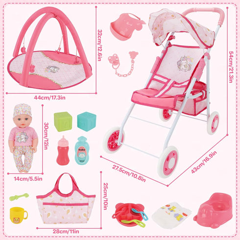 Set 12" Playset 17 3+ deAO Baby Doll Stroller with Baby Dolls Nursery PCS Baby Doll Accessories with Play Mat,Storage