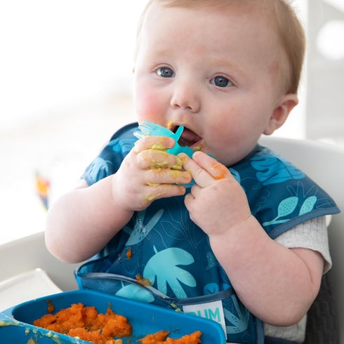 Bumkins Baby Utensils Set, Chewtensils Silicone Spoons for Self-Feeding, Soft Practice Fork and Spoon, Blue