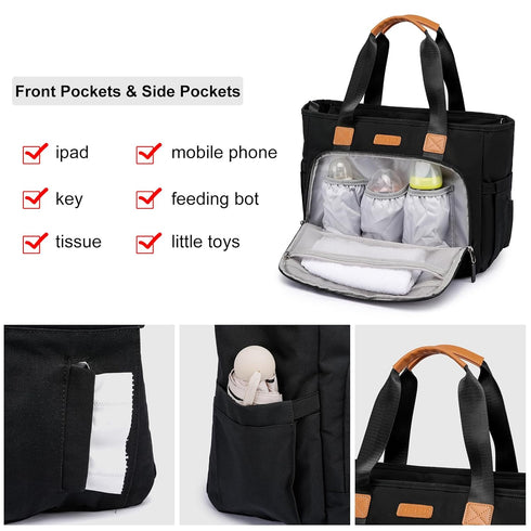 Diaper Bag Tote with 16 Inch Laptop Compartment, Large Crossbody Toddler Bag for Mom (Black)