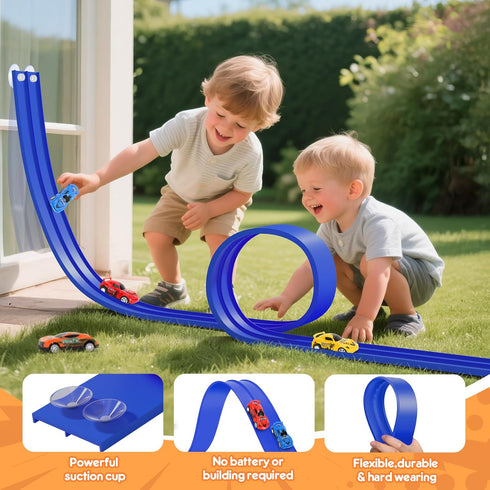 16Ft 2 4 1/64th 3 KETIEE Flex Tracks for Kids: Flexible Race Car Ramp Track with Small Racecars and Suction Cups