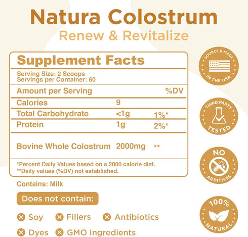100% 25% Immune 30 Natura Bovine Colostrum Powder Pure, First Milking All-Natural IgG Grass-Fed & Pasture-Raised Gut