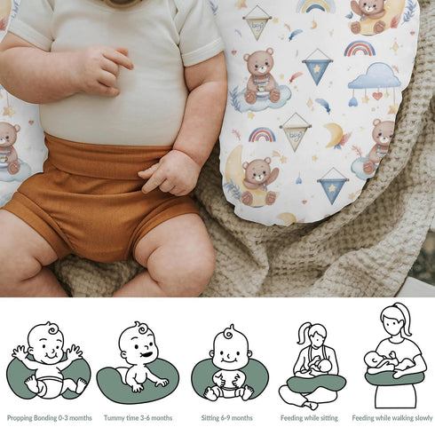 Watercolor Bear Rainbow Blue Baby Nursing Pillow Covers for Boy Cute Bears Moon Stars Clouds Nursing Slipcovers