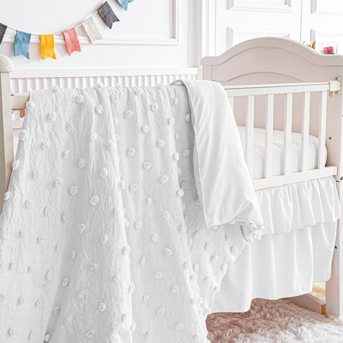 Set 3pc Set White Crib Bedding Tufted Dots Jacquard Baby Comforter with Fitted Sheet and Bed Skirt - Cute Embroidery