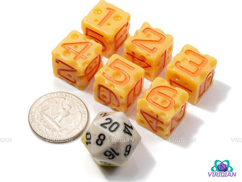 Cheese D&D D6 Dice Set (Light-Yellow & Orange Nacho Color) with Swiss Holes | 6 Piece D6 Polyhedral Resin Set