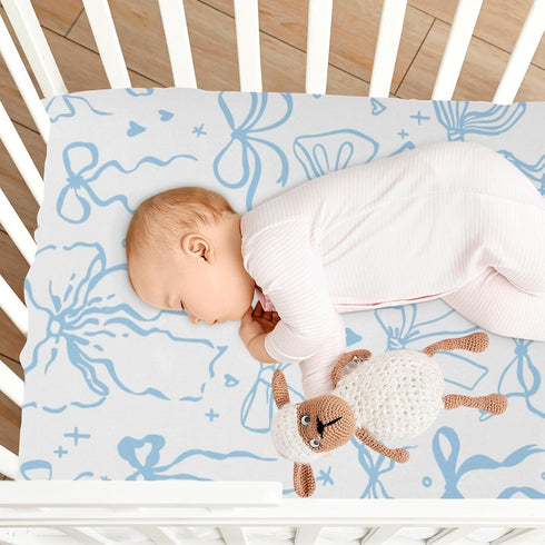 KICPOAY 52 28 Cartoon Doodle Blue Bows Fitted Crib Sheets Stretchy Portable Playard Sheets for Baby Toddler, Breathable