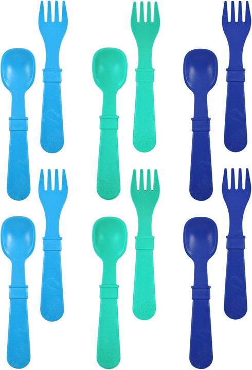 Re-Play Toddler Utensils Set - 12 Forks and Spoons, Dishwasher and Microwave Safe, Made in USA, True Blue