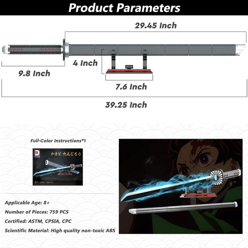 Demon Slayer Sword, 39.3in Tanjirou Sword Building Set with Scabbard and Stand, 759 Pieces