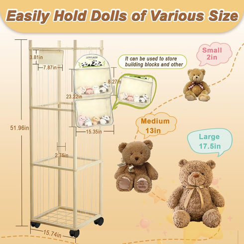 Thick&Thin Stuffed Animal Storage & Organizer, Wooden Zoo Toy Holder with Net, Large Plushies Storage with Wheels