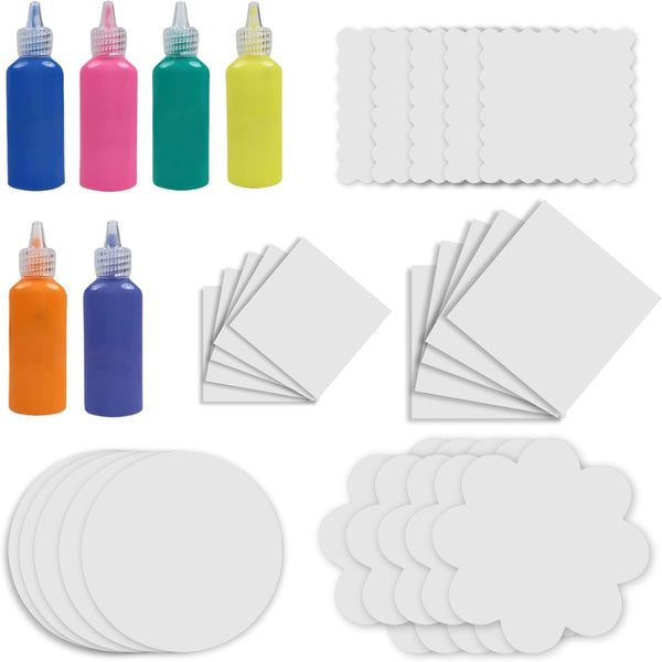Spin and Spiral Art Refill Pack - 25 Cardboard Pieces in 5 Unique Shapes, 6 Bottles of Colored Paint - Purple, Blue,