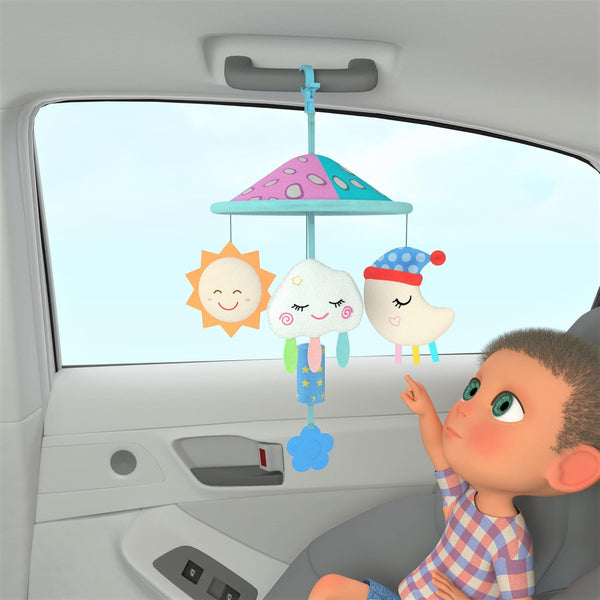 Baby Pram Mobile Toy for Pack and Play - Car Roof Handle Toys with Soft Rattle for 0 Months+ (Sky)