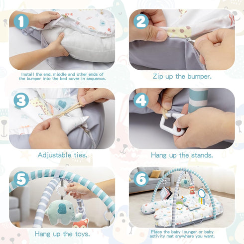 7-in-1 Tummy 0-3-6-9-12-18 Baby Play Mat, Infant Gym Mat for Sensory and Motor Development, Washable & Portable Newborn