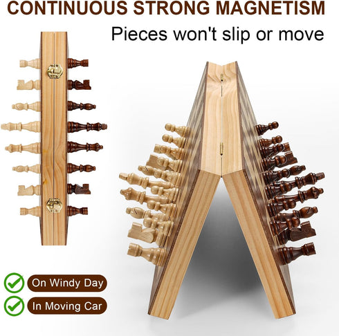 Magnetic Chess Board Set for Adults & Kids, 15" Wooden Folding Chess Game with Pieces Storage Slots