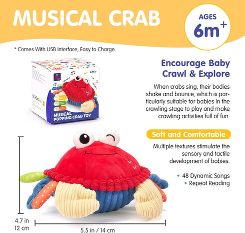 6+ 12-18 Tummy 1-3 hahaland Baby Toys Months - Crawling Musical Dancing Walking Moving Bouncing Learning Crab Time Toy