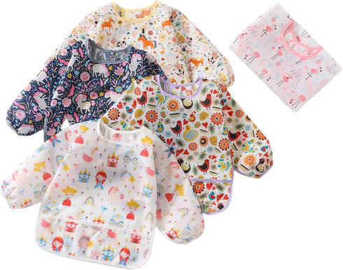 5pcs Long Sleeve Waterproof Bib Set - Full Coverage Apron Bibs with Pocket for 6-30 Months