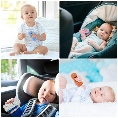 Baby Teether Toys, 2PCS Silicone Phone Shape Teething Toys with 2PCS Pacifier Clip for Babies 0-6 Months (Beige & Black)