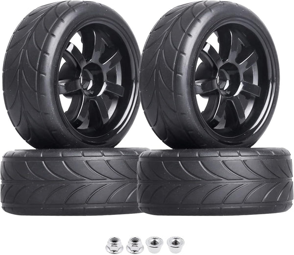4PCS Rubber Tires & Wheel Rims 12mm Hex Hub for 1/10 Scale RC Vehicle - Width: 1.02" (26mm) OD 2.56"(65mm)