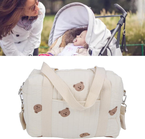 SUNGOOYUE Baby Stroller Storage Bag, Large Capacity Hanging Organizer with Zipper Pockets Cotton Stroller Bag for Mom